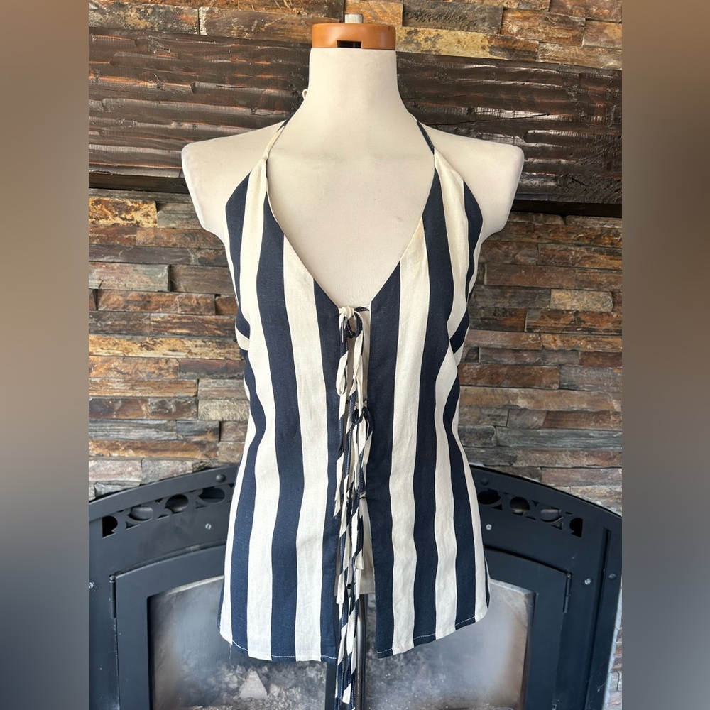 EVERY Navy Stripe Halter Tie Front Open Back Tank Top‎ Large NWT